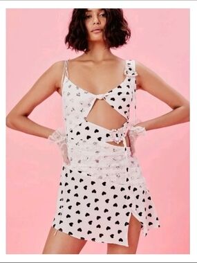 For Love And Lemons White Mini Dress with Black Heart Print